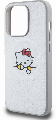 Apple iPhone 15 Pro Max (6.7) Kılıf Hello Kitty Orjinal Lisanslı Magsafe Şarj Özellikli Baskı Logolu Uyuyan Kitty Deri Kapak - Pembe