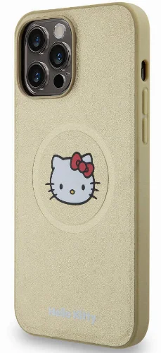 Apple iPhone 15 Pro Max (6.7) Kılıf Hello Kitty Orjinal Lisanslı Magsafe Şarj Özellikli Kitty Head Deri Kapak - Gold