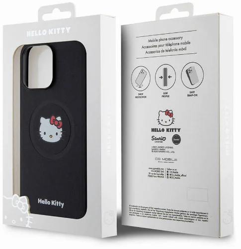 Apple iPhone 15 Pro Max (6.7) Kılıf Hello Kitty Orjinal Lisanslı Magsafe Şarj Özellikli Kitty Head Deri Kapak - Siyah