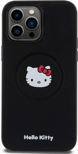 Apple iPhone 15 Pro Max (6.7) Kılıf Hello Kitty Orjinal Lisanslı Magsafe Şarj Özellikli Kitty Head Deri Kapak - Siyah