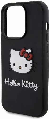 Apple iPhone 15 Pro Max (6.7) Kılıf Hello Kitty Orjinal Lisanslı Yazı ve İkonik Logolu 3D Rubber Kitty Head Kapak - Siyah
