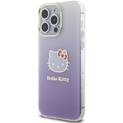 Apple iPhone 15 Pro Max Kılıf Hello Kitty Orjinal Lisanslı Yazı ve İkonik Logolu Elektroplating Kaplama Gradyan Kapak - Mor