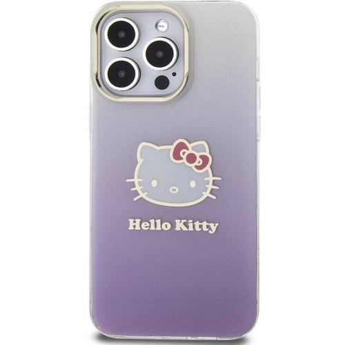 Apple iPhone 15 Pro Max Kılıf Hello Kitty Orjinal Lisanslı Yazı ve İkonik Logolu Elektroplating Kaplama Gradyan Kapak - Mor