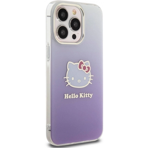 Apple iPhone 15 Pro Max Kılıf Hello Kitty Orjinal Lisanslı Yazı ve İkonik Logolu Elektroplating Kaplama Gradyan Kapak - Mor