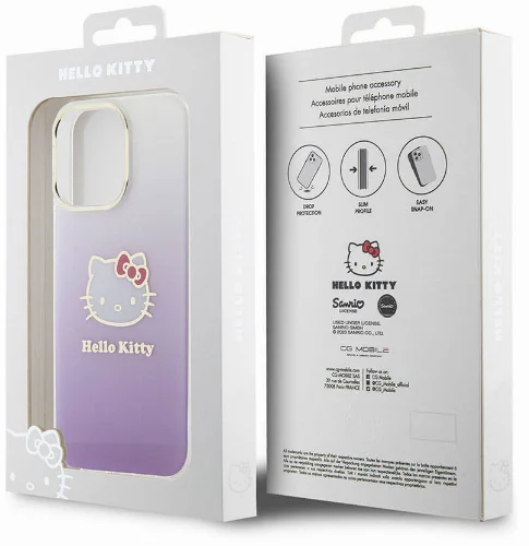 Apple iPhone 15 Pro Max (6.7) Kılıf Hello Kitty Orjinal Lisanslı Yazı ve İkonik Logolu Elektroplating Kaplama Gradyan Kapak - Pembe