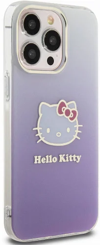 Apple iPhone 15 Pro Max (6.7) Kılıf Hello Kitty Orjinal Lisanslı Yazı ve İkonik Logolu Elektroplating Kaplama Gradyan Kapak - Mor