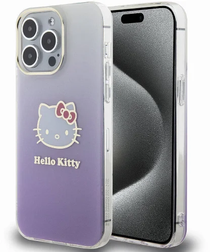 Apple iPhone 15 Pro Max (6.7) Kılıf Hello Kitty Orjinal Lisanslı Yazı ve İkonik Logolu Elektroplating Kaplama Gradyan Kapak - Mor