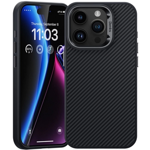 Apple iPhone 15 Pro Max Kılıf Karbon Fiber Magsafe Şarj Özellikli Benks Hybrid ArmorPro 600D Kevlar Kapak - Siyah