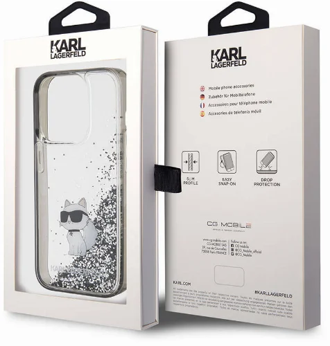 Apple iPhone 15 Pro Max (6.7) Kılıf Karl Lagerfeld Choupette Sıvılı Glitter Orjinal Lisanslı Kapak - Şeffaf