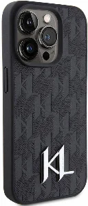 Apple iPhone 15 Pro Max (6.7) Kılıf Karl Lagerfeld Hot Stamp K&L Metal Logo Orjinal Lisanslı Kapak - Siyah