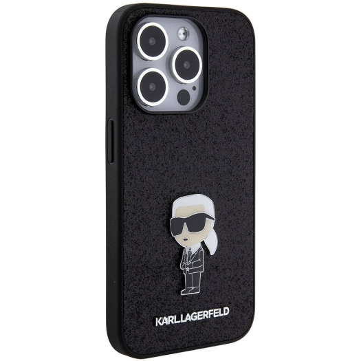 Apple iPhone 15 Pro Max (6.7) Kılıf Karl Lagerfeld İkonik Fixed Glitter Metal Logo Orjinal Lisanslı Kapak - Siyah