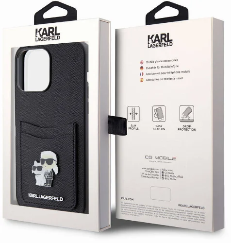 Apple iPhone 15 Pro Max (6.7) Kılıf Karl Lagerfeld Kartlıklı Metal Logo Orjinal Lisanslı Kapak - Siyah