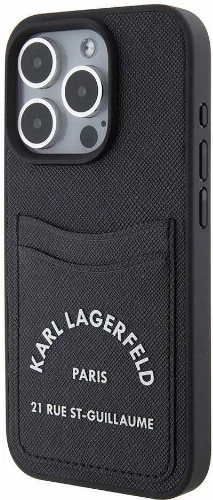Apple iPhone 15 Pro Max (6.7) Kılıf Karl Lagerfeld Kartlıklı Saffiano 3D RSG Logo Orjinal Lisanslı Kapak - Siyah