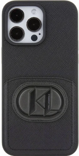 Apple iPhone 15 Pro Max (6.7) Kılıf Karl Lagerfeld Kartlıklı Saffiano K&L Patch Orjinal Lisanslı Kapak - Siyah