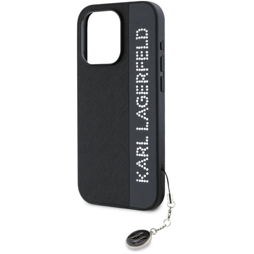 Apple iPhone 15 Pro Max (6.7) Kılıf Karl Lagerfeld Orjinal Lisanslı Anahtarlıklı Taşlı KL Yazılı Saffiano Rhinestones Kapak - Siyah
