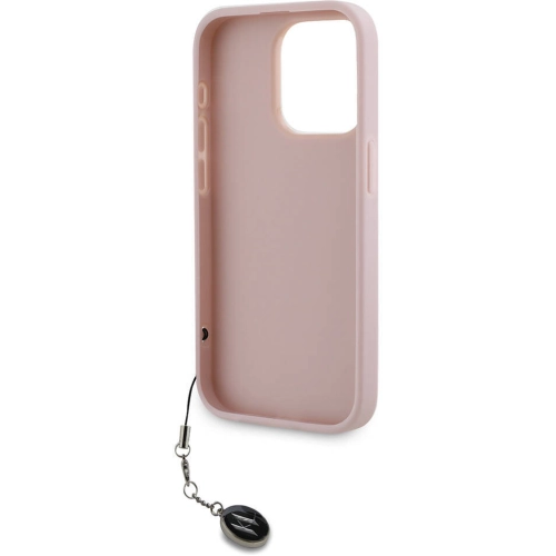 Apple iPhone 15 Pro Max (6.7) Kılıf Karl Lagerfeld Orjinal Lisanslı Anahtarlıklı Taşlı KL Yazılı Saffiano Rhinestones Kapak - Pembe