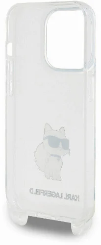 Apple iPhone 15 Pro Max (6.7) Kılıf Karl Lagerfeld Orjinal Lisanslı Boyun Askılı Choupette İkonik Crossbody Kapak - Şeffaf
