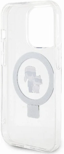 Apple iPhone 15 Pro Max (6.7) Kılıf Karl Lagerfeld Orjinal Lisanslı Magsafe Şarj Özellikli K&C İkonik Baskılı Ring Standlı Kapak - Beyaz