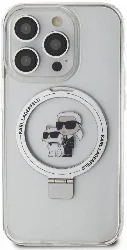 Apple iPhone 15 Pro Max (6.7) Kılıf Karl Lagerfeld Orjinal Lisanslı Magsafe Şarj Özellikli K&C İkonik Baskılı Ring Standlı Kapak - Beyaz