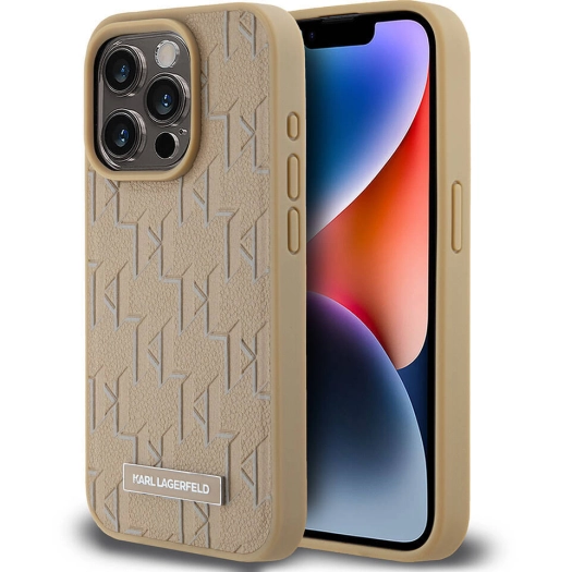 Apple iPhone 15 Pro Max (6.7) Kılıf Karl Lagerfeld Orjinal Lisanslı Magsafe Şarj Özellikli KL Yazılı Hot Stamp Kapak - Krem