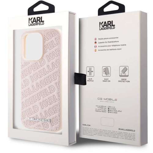 Apple iPhone 15 Pro Max (6.7) Kılıf Karl Lagerfeld Orjinal Lisanslı Metal Yazı Logolu Dikişli Logo Arka Yüzey Kapitone Kapak - Pembe