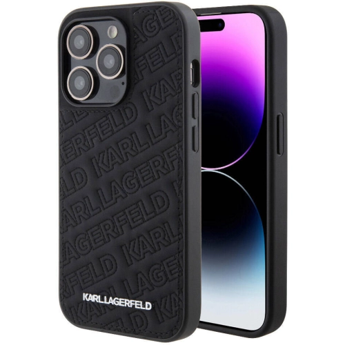 Apple iPhone 15 Pro Max (6.7) Kılıf Karl Lagerfeld Orjinal Lisanslı Metal Yazı Logolu Dikişli Logo Arka Yüzey Kapitone Kapak - Siyah