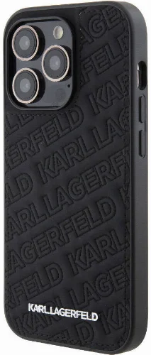 Apple iPhone 15 Pro Max (6.7) Kılıf Karl Lagerfeld Orjinal Lisanslı Metal Yazı Logolu Dikişli Logo Arka Yüzey Kapitone Kapak - Siyah