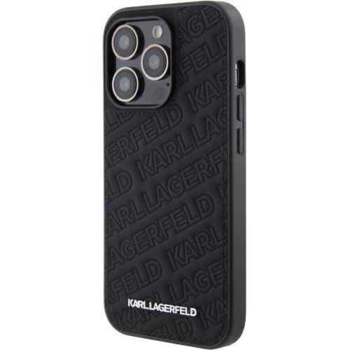 Apple iPhone 15 Pro Max (6.7) Kılıf Karl Lagerfeld Orjinal Lisanslı Metal Yazı Logolu Dikişli Logo Arka Yüzey Kapitone Kapak - Siyah