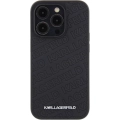 Apple iPhone 15 Pro Max (6.7) Kılıf Karl Lagerfeld Orjinal Lisanslı Metal Yazı Logolu Dikişli Logo Arka Yüzey Kapitone Kapak - Siyah