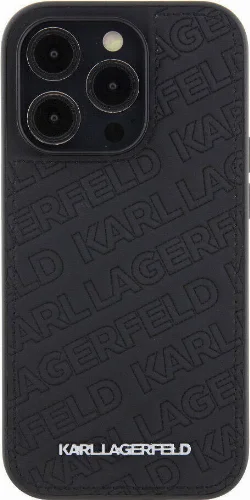 Apple iPhone 15 Pro Max (6.7) Kılıf Karl Lagerfeld Orjinal Lisanslı Metal Yazı Logolu Dikişli Logo Arka Yüzey Kapitone Kapak - Siyah