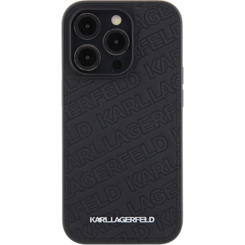 Apple iPhone 15 Pro Max (6.7) Kılıf Karl Lagerfeld Orjinal Lisanslı Metal Yazı Logolu Dikişli Logo Arka Yüzey Kapitone Kapak - Siyah