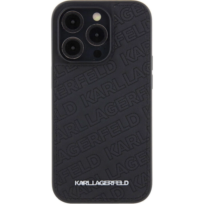 Apple iPhone 15 Pro Max (6.7) Kılıf Karl Lagerfeld Orjinal Lisanslı Metal Yazı Logolu Dikişli Logo Arka Yüzey Kapitone Kapak - Siyah