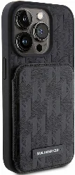 Apple iPhone 15 Pro Max (6.7) Kılıf Karl Lagerfeld Standlı Kartlıklı Saffiano Monogram Metal Logo Orjinal Lisanslı Kapak - Siyah