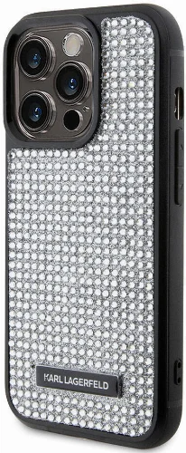 Apple iPhone 15 Pro Max (6.7) Kılıf Karl Lagerfeld Taşlı Metal Logo Orjinal Lisanslı Kapak - Gümüş