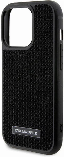 Apple iPhone 15 Pro Max (6.7) Kılıf Karl Lagerfeld Taşlı Metal Logo Orjinal Lisanslı Kapak - Siyah