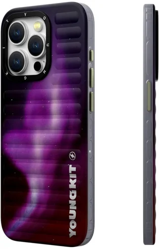Apple iPhone 15 Pro Max Kılıf Kuzey Işıkları Desenli Youngkit Aurora Serisi Kapak - Mor