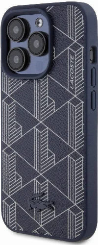 Apple iPhone 15 Pro Max Kılıf Lacoste Orjinal Lisanslı Magsafe Şarj Özellikli PU Deri Görünümlü Karışık Monogram Desenli Kapak - Siyah