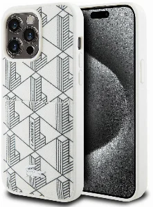 Apple iPhone 15 Pro Max Kılıf Lacoste Orjinal Lisanslı Magsafe Şarj Özellikli PU Deri Görünümlü Kartlıklı Karışık Monogram Desenli Kapak - Beyaz