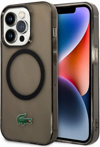Apple iPhone 15 Pro Max Kılıf Lacoste Orjinal Lisanslı Magsafe Şarj Özellikli Transparan Timsah Logo Baskılı Kapak - Siyah