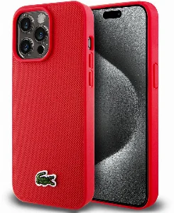 Apple iPhone 15 Pro Max Kılıf Lacoste Orjinal Lisanslı PU Pike Desenli Arka Yüzey İkonik Timsah Dokuma Logolu Kapak - Kırmızı