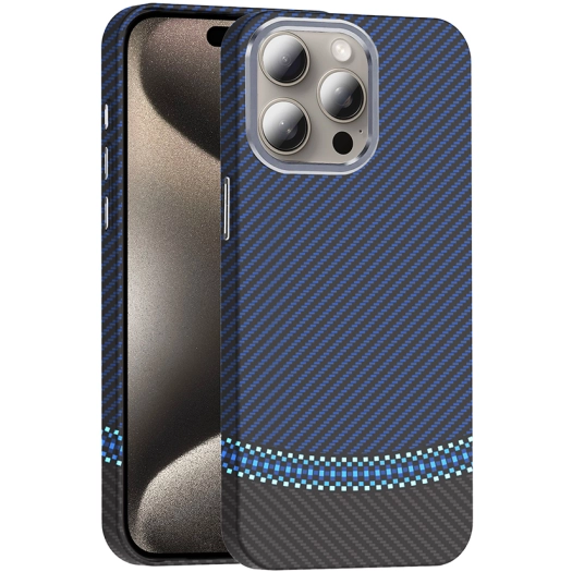 Apple iPhone 15 Pro Max (6.7) ile Uyumlu Kılıf MagSafe Şarj Özellikli Karbon Fiber Görünümlü Gros Kapak - Siyah-Lacivert