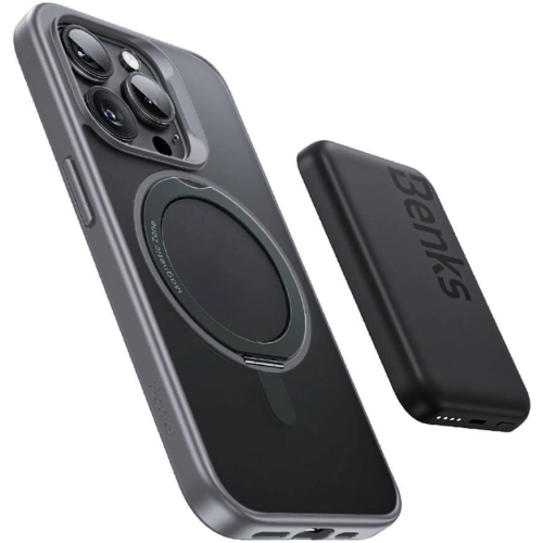 Apple iPhone 15 Pro Max (6.7) Kılıf Magsafe Şarj Özellikli 360° Dönebilen Benks Pop Stand Kapak - Gri