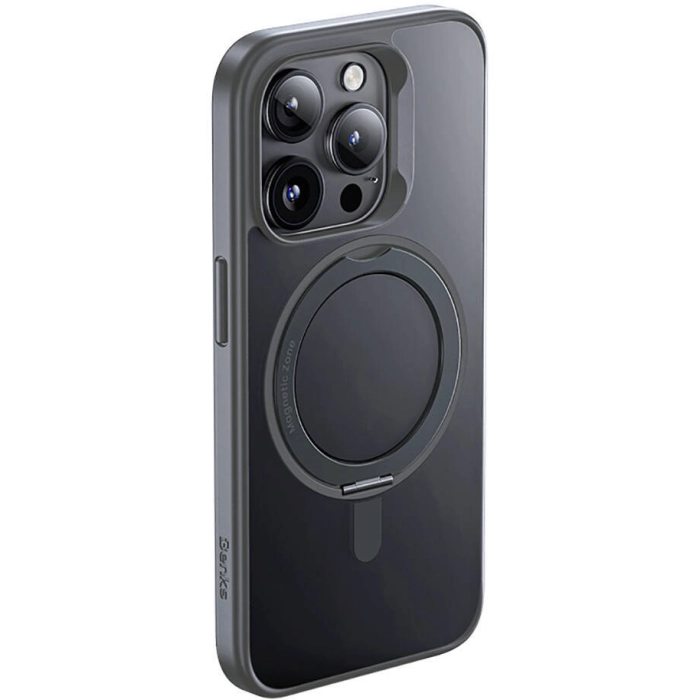 Apple iPhone 15 Pro Max (6.7) Kılıf Magsafe Şarj Özellikli 360° Dönebilen Benks Pop Stand Kapak - Gri