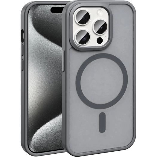 Apple iPhone 15 Pro Max (6.7) Kılıf Magsafe Şarj Özellikli Renkli Mat Arka Yüzey Sio Kapak - Gri