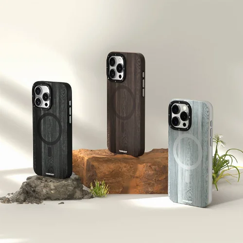 Apple iPhone 15 Pro Max (6.7) Kılıf Magsafe Şarj Özellikli Sararmaya Dayanıklı Youngkit Wood Forest Serisi Kapak - Gri