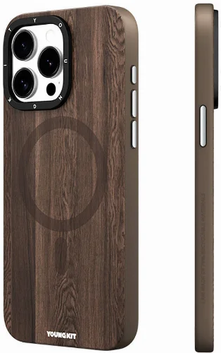 Apple iPhone 15 Pro Max (6.7) Kılıf Magsafe Şarj Özellikli Sararmaya Dayanıklı Youngkit Wood Forest Serisi Kapak - Gri