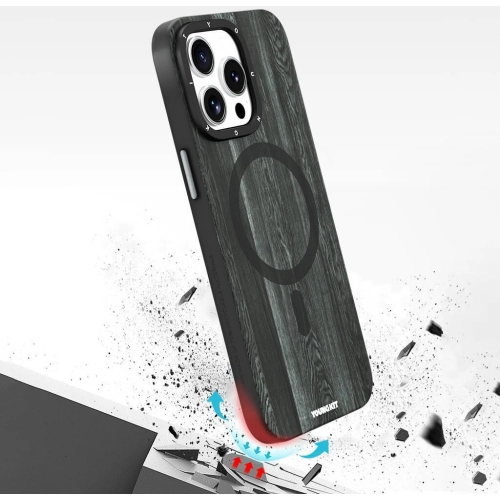 Apple iPhone 15 Pro Max (6.7) Kılıf Magsafe Şarj Özellikli Sararmaya Dayanıklı Youngkit Wood Forest Serisi Kapak - Siyah