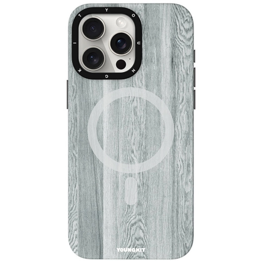 Apple iPhone 15 Pro Max (6.7) Kılıf Magsafe Şarj Özellikli Sararmaya Dayanıklı Youngkit Wood Forest Serisi Kapak - Gri