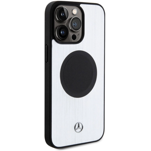 Apple iPhone 15 Pro Max (6.7) Kılıf Mercedes Benz Orjinal Lisanslı Magsafe Şarj Özellikli Alüminyum Arka Yüzey Metal Yıldız Logolu Kapak - Gümüş