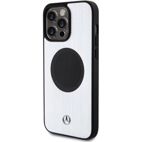 Apple iPhone 15 Pro Max (6.7) Kılıf Mercedes Benz Orjinal Lisanslı Magsafe Şarj Özellikli Alüminyum Arka Yüzey Metal Yıldız Logolu Kapak - Gümüş